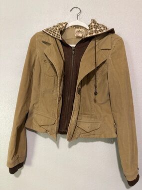 Roxy Tan and Brown Layered Utility Jacket with Patterned Hood